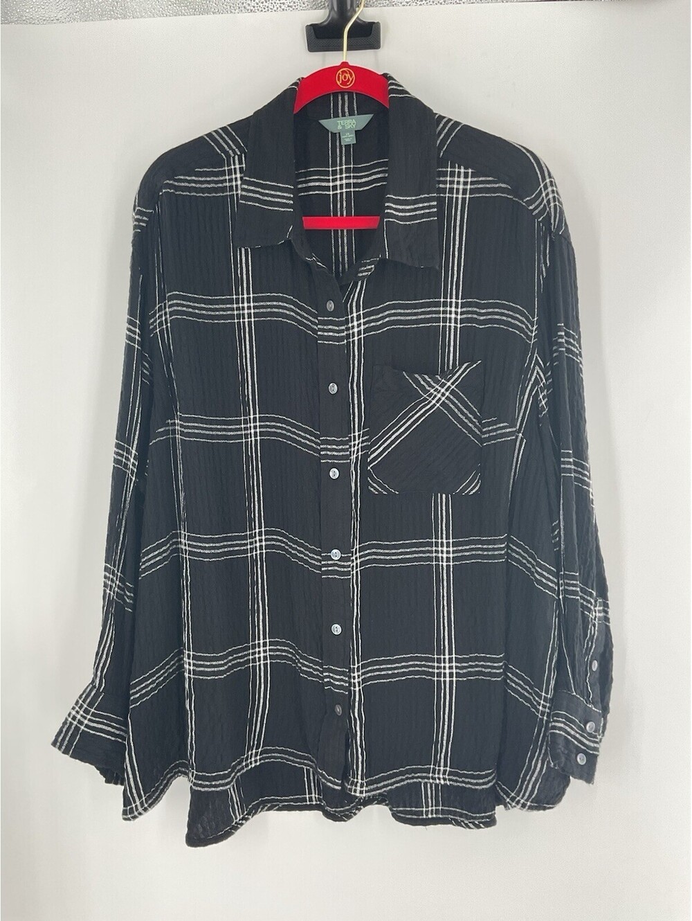Terra & Sky Women’s Button Up Blouse 1X Black And White Long Sleeve 136